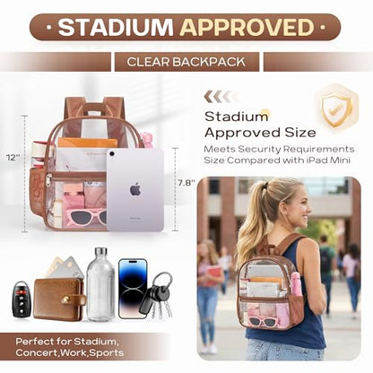 Oraben Clear Backpack Stadium Approved, 12 x 6 x 11 in, Small Transparent Backpack for Concerts, Sports Events, Festivals, Travel, Waterproof PVC, Adjustable Straps, Women Men - color: Coffee Brown, style: Enhanced Strap