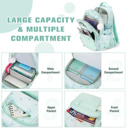 Bevalsa Backpack for Girls 3PCS Teen Girls Backpack for School with Lunch Bag Pencil Case Green Cute Kids Laptop Backpacks Bookbag for Elementary Middle High School College Student (Butterfly) - color: Green Butterfly