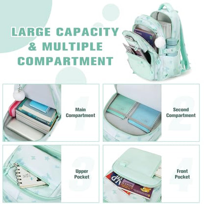 Bevalsa Backpack for Girls 3PCS Teen Girls Backpack for School with Lunch Bag Pencil Case Green Cute Kids Laptop Backpacks Bookbag for Elementary Middle High School College Student (Butterfly) - color: Green Butterfly