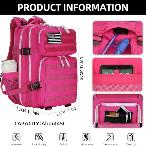 Military 45L Tactical Assault Backpack 3 day assault pack with Molle Waterproof backpack Rucksack for Tactical Backpacks - color: Pink