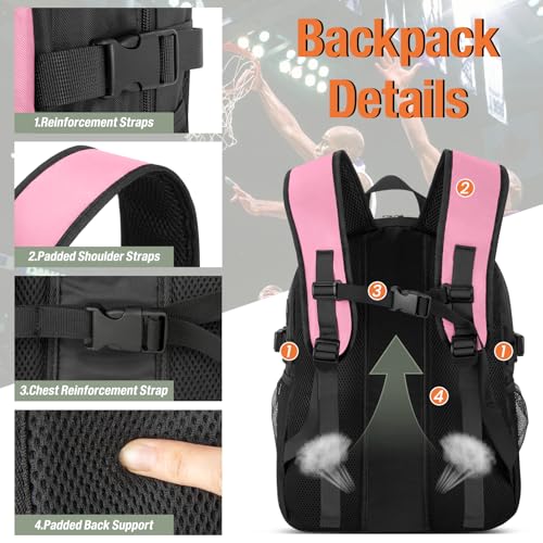 OCKLILY Basketball Backpack - Large Sports Equipment Bag with Ball Holder & Shoe Compartment, Sport Bags for Basketball, Soccer, Volleyball, Gym, School and Travel, 30L - color: Pink