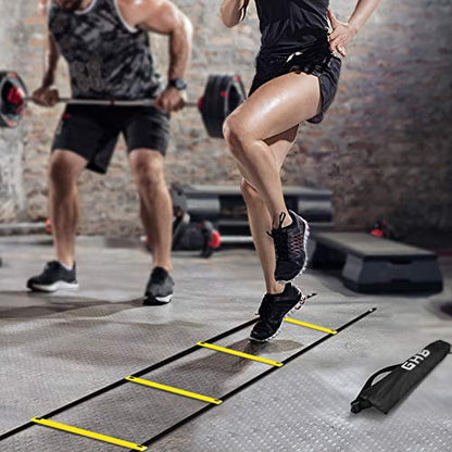 GHB Agility Ladder Speed Training Ladder Workout Ladder with 6 or 10 Cones 12 Rung 20ft with Resistance Parachute - color: Yellow-6 Cones