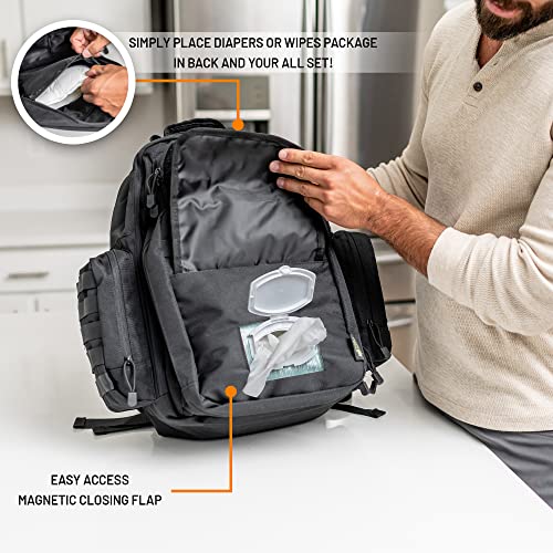 Dad Diaper Bag - Molle-Style Military Diaper Backpack Made of Rugged 900D Waterproof Polyester with Wider Extra-Long Straps, Pouch for Dirty Diapers, Baby Wipes Dispenser & Insulated Bottle Pockets - color: Black