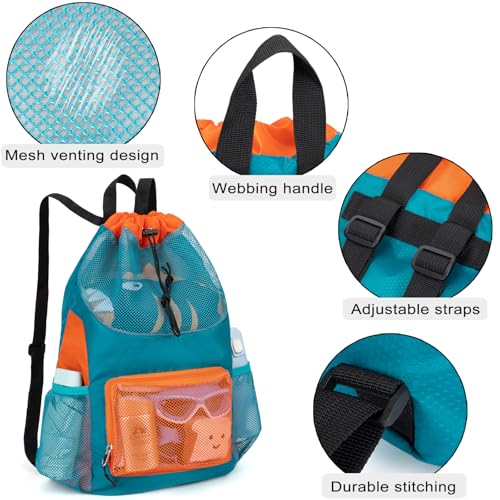 Swim Bag for Kids Mesh Beach Backpack for Boys Lightweight Drawstring Beach Bag Swimming Pool Sports Gym String Bag (Green) - color: Green