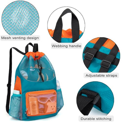 Swim Bag for Kids Mesh Beach Backpack for Boys Lightweight Drawstring Beach Bag Swimming Pool Sports Gym String Bag (Green) - color: Green