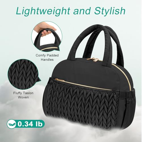 Coobiiya Quilted Puffer Insulated Lunch Bag Women Men, Cute Cotton-Like Taslan Lunch Box for Women Men, Thermal Waterproof Cooler Bag Large Capacity for Work Picnic Travel（Black） - color: Black Woven Cotton