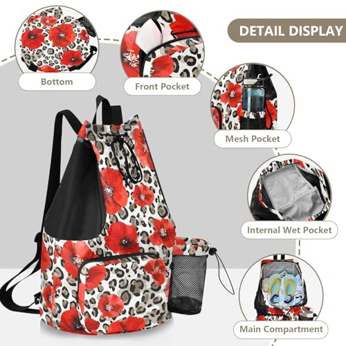 Bolaz Beach Drawstring Backpack Mesh Swim Bag for Women Red Poppy Leopard Cheetah Swimming Gym with Wet Pocket Packable Sports - color: Red Poppy Leopard Cheetah