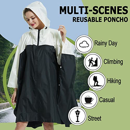 Fashion Hooded Rain Poncho Waterproof Raincoat Jacket with pocket for Women/Men/Adult - color: Black/White