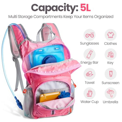Shinylin 2 Pcs Kids Hydration Backpack with 1.5L Water Bladder Lightweight Kids Hiking Backpack Water Rucksack for Boys Girls Climbing Running - color: Black,Pink, style: Classic
