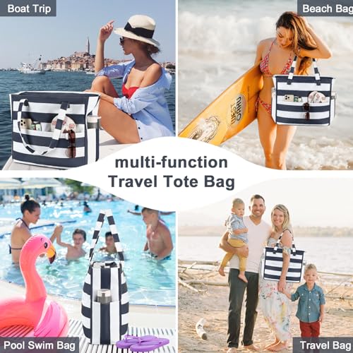 LEDAOU Beach Bag Waterproof Sandproof Women Beach Tote Pool Bag with Zipper for Swim Gym Grocery Travel with Wet Pocket | Sandproof - color: Blue Grey White
