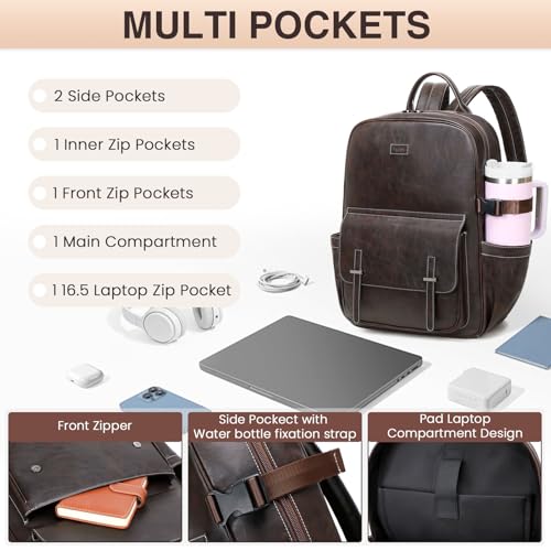 Vegan Leather Laptop Backpack for Women Designer 15.6 Inch PU Laptop Bag, Ladies Travel Computer Work Backpack - color: Deep Coffee