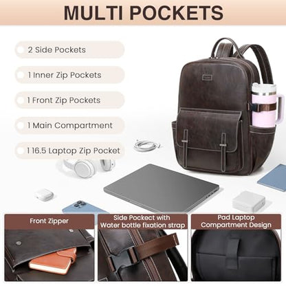 Vegan Leather Laptop Backpack for Women Designer 15.6 Inch PU Laptop Bag, Ladies Travel Computer Work Backpack - color: Deep Coffee
