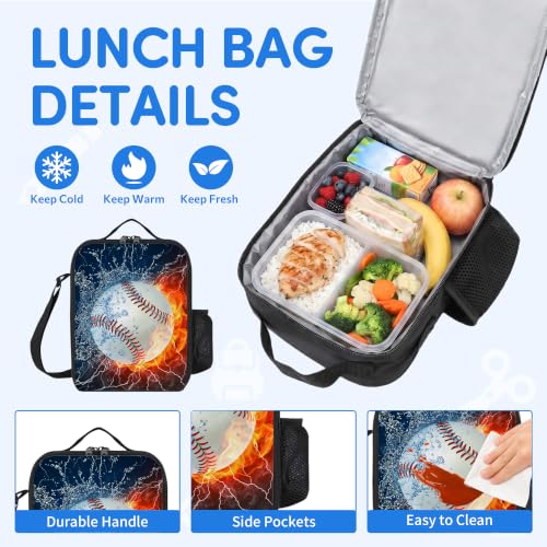 3PCS Baseball Backpacks for Boys Girls Teens, School Backpack with Lunch Box Pencil Case for Elementary Middle High Students, 17 Inch Lightweight Bookpack 3 in 1 Set Back to Shool Supplies for Kids - color: Water Fire Baseball S01