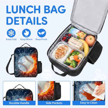 3PCS Baseball Backpacks for Boys Girls Teens, School Backpack with Lunch Box Pencil Case for Elementary Middle High Students, 17 Inch Lightweight Bookpack 3 in 1 Set Back to Shool Supplies for Kids - color: Water Fire Baseball S01