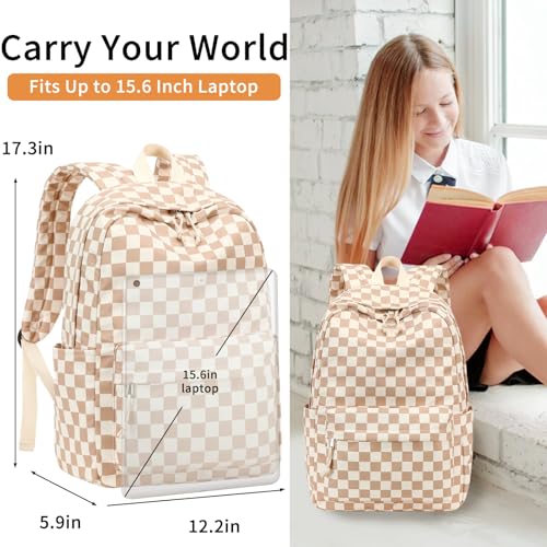 LOIDOU Girls Backpack for Kids Cute School Bookbag - color: Brown White Checker, size: L-17"