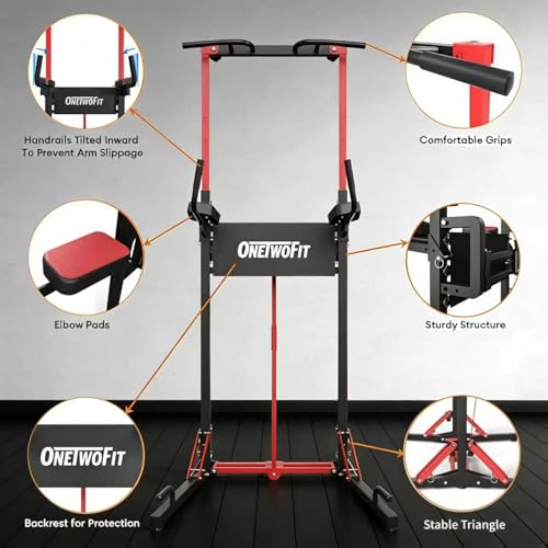ONETWOFIT Foldable Power Tower Pull Up Bar Dip Station, Multi-Function Adjustable Height, Strength Training, 400LBS/600LBS Capacity