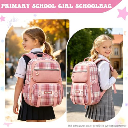 Kids Backpack for Girls,Cute Plaid Backpack,Preppy Bookbag for Elementary & Middle School Students,Large Capacity School Bag,17 Inch,Pink - color: Pink