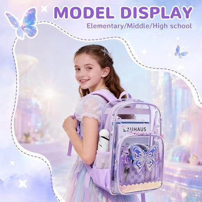 MUSEVOS Clear Backpack for School, Clear Bookbag for Girls PVC Heavy Duty Transparent Backpack, Purple Butterfly - color: Purple