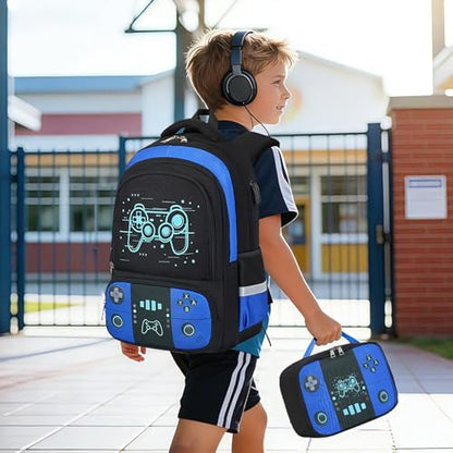 Bevalsa Backpack for School Boys, Cool Luminous Gamer Boys Schoolbag with Lunch Box & Pencil Case Set for Kids Teens Elementary Middle School, Bookbag Glow In The Dark(Blue Game Backpack) - color: Blue Game, style: Backpack