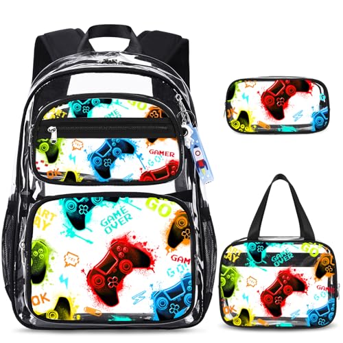 ACESAK Clear Backpack for Boys - 3 Pcs Game Heavy Duty with Lunch Bag - See Through Backpack Clear Bookbag Stadium Approved for Kids Middle High College School Travel (Black Game Console) - color: Black Game Console