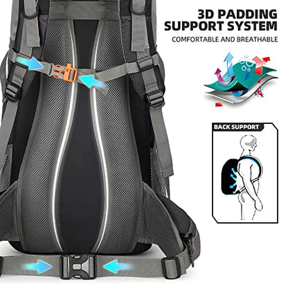 King'sGuard 70L Hiking Backpack with Rain Cover Lightweight Waterproof Travel Camping Backpack Large Backpacking Pack - color: Black