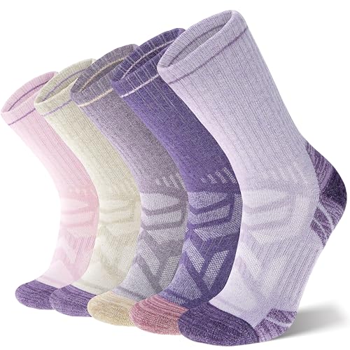 ANTSANG Merino Wool Hiking Socks, Enhanced Breathability, Targeted Cushion Thermal Socks for Men and Women, 5 Pairs - color: Pink/Purple, size: Medium
