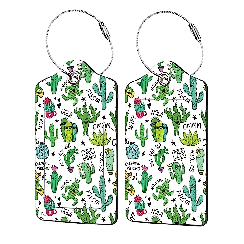 2 Pack Luggage Tags for Suitcases,Colorful Cartoon Cactus Luggage Tag,PU Leather Id Label Luggage Tags with Stainless Steel Loop and Privacy Cover for Women Men Teens Travel - color: Colorful Cartoon Cactus