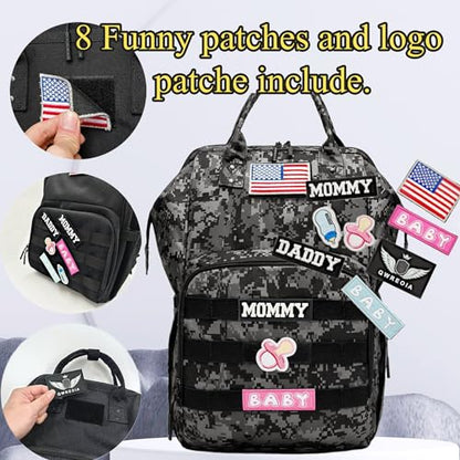 Camo Diaper Bag Backpack for Dad and Mom with USB Charging Port Stroller Straps and Insulated Pocket,army military Travel Nappy Backpack (DADDY and MOMMY patches) - color: Black Camo