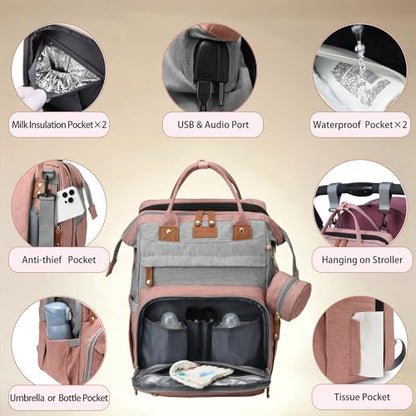 Diaper Bag Backpack with Changing Station, Waterproof for Travel, Gray Pink - color: Pink Grey