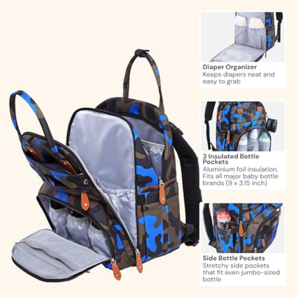 BabbleRoo Diaper Bag Backpack - Baby Essentials Travel Tote - Multi Function Water Resistant Diaper Bag, Travel Essentials Baby Bag with Changing Pad, Stroller Straps & Pacifier Case - Blue Camo - color: Camo Blue, size: Large