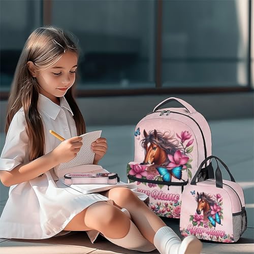 Mercuryelf Personalized Girls Backpack Horse 3PCS Kids Backpack Set with Lunch Bag & Pencil Case, 17 Inch School Bookbag for Elementary Kindergarten - color: Yellow
