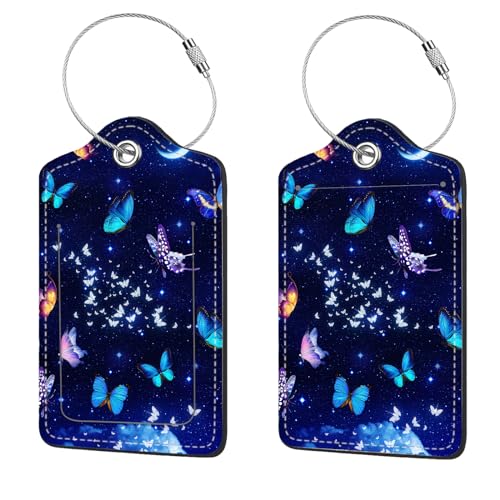 2 Pcs Luggage Tags for Suitcases, PU Leather Cruise Ship Luggage Tags with Privacy Cover Label Address Card and Durable Metal Ring Suitable for Men Women Handbags Backpacks,Starry Night Butterfly - color: Starry Night Butterfly