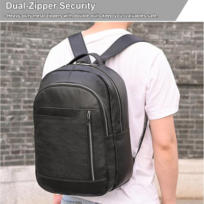 Large Capacity Black Leather Backpack for Men, 15.6 Inch Genuine Leather Laptop Backpack Business Travel Shoulder Daypacks - color: Y80&16y Black