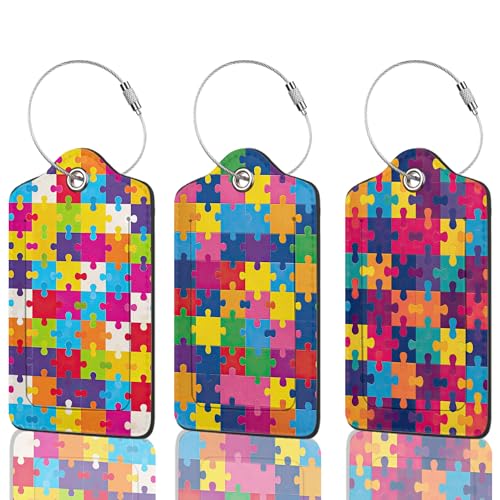 Autism Awareness Jigsaw Puzzle Luggage Tags for Suitcases Durable Leather Luggage Tags Cute Travel Name Tags for Cruise Ships Travel Essentials 3 Pack - color: Autism Awareness Jigsaw Puzzle