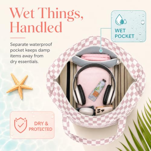 LEDAOU Beach Bag Waterproof Sandproof Women Beach Tote Pool Bag with Zipper for Swim Gym Grocery Travel with Wet Pocket | Sandproof - color: B-purple White Grid
