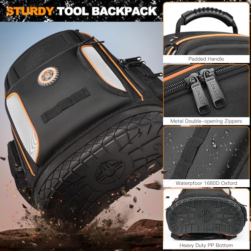 LOKASS 18.1 Inch Tool Backpack, 75 Pockets & Loops Heavy-Duty 1680D Molded Base Tool Bag with Combination Lock for Electrician, HVAC, Construction Workers, Black - color: Black