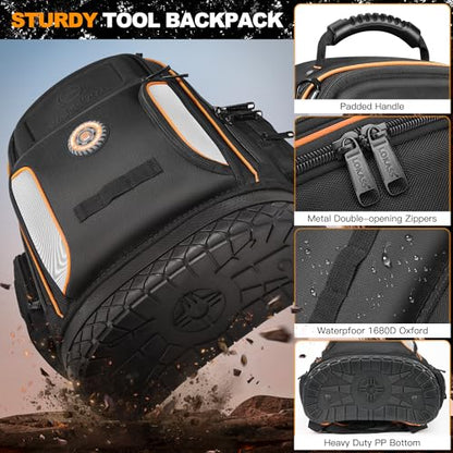 LOKASS 18.1 Inch Tool Backpack, 75 Pockets & Loops Heavy-Duty 1680D Molded Base Tool Bag with Combination Lock for Electrician, HVAC, Construction Workers, Black - color: Black