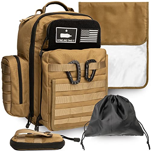 Tan Dad Diaper Bag - Molle-Style Military Diaper Backpack Made of Rugged 900D Waterproof Polyester with Wider Extra-Long Straps, Pouch for Dirty Diapers, Baby Wipes Dispenser & Insulated Pockets - color: Tan