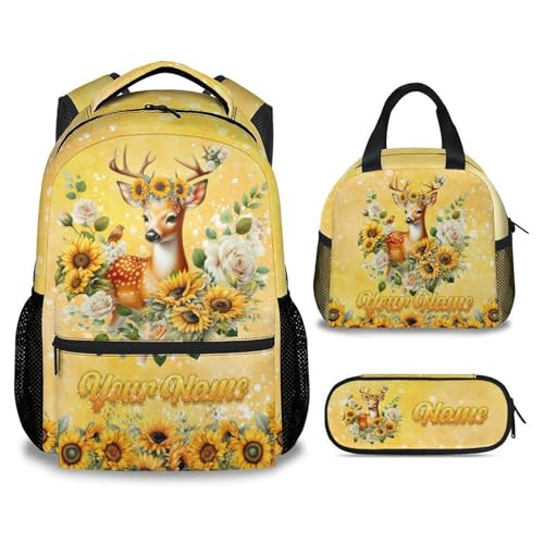 Mercuryelf Kids Personalized Backpack Deer 3PCS Backpack Set with Lunch Bag & Pencil Case, 17 Inch School Bookbag for Elementary Kindergarten - color: Blue