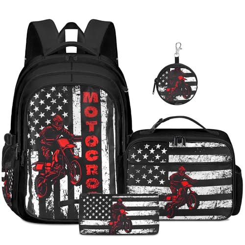 Motorcycle Backpack for Boys, Boys Backpacks with Lunch Box and Pencil Case for School, Kids Motorcycle Bookbag - color: Motorcycle
