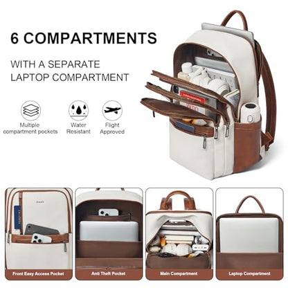 Shrrie 17 inch Leather Laptop Backpack for Women, Large Travel Backpack with 6 Compartments, Computer Backpack Purse for Work College - color: Beige
