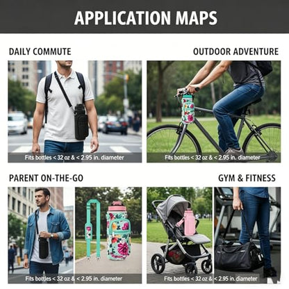 Water Bottle Holder with Strap, Insulated Crossbody Sling Bag, Carrier with Phone Pocket for Walking Hiking Camping Fishing - color: Flower Green 04, size: 32oz Long