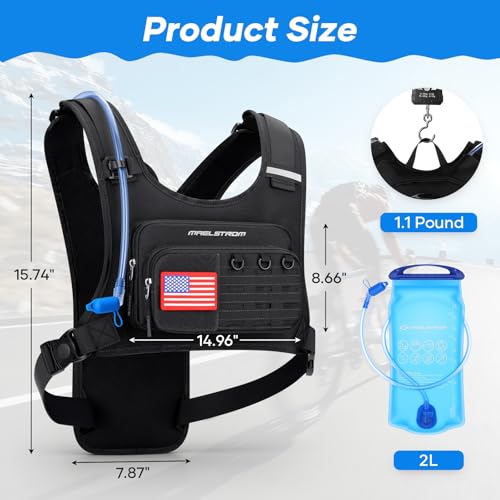 Maelstrom Hydration Vest with 2L Water Bladder Backpack for Running Hiking | Chest Pack, BPA-free, High Flow Bite, Reflective Stripe, Helmet Buckle, Detachable, Breathable Pad, for Cycling, Marathon - color: Black