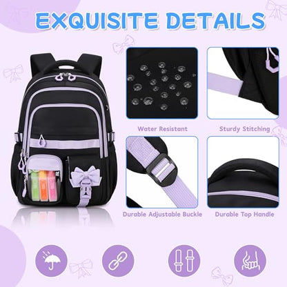 Girls Backpack, 17-Inch Bookbag for Middle & Elementary School, Kawaii Kids Backpack for Girls Ages 6-12(Black Purple) - color: Black Purple