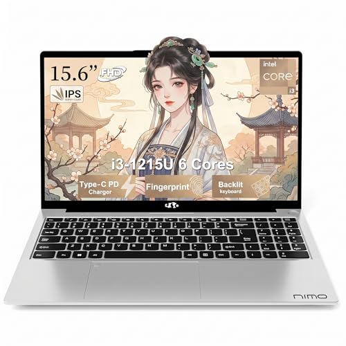 NIMO 15.6" FHD IPS Laptop, Intel Core i3-1215U (Beats i5-1135G7 Class), 16GB RAM, 512GB SSD, Windows 11 Home, Wi-Fi 6, Backlit Keyboard, Fingerprint, USB-C 65W Fast Charge, Bluetooth 5.2, 180° View - color: Silver, style: 16GB RAM | 512GB SSD