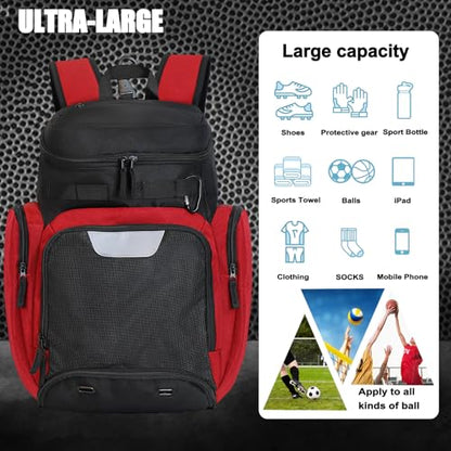LARIPOP Basketball Backpack with Ball & Ventilated Shoe Compartment Insulated Pockets for Men Training - color: red