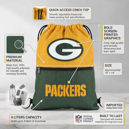 FOCO Green Bay Packers Big Logo Drawstring Backpack with Zippered Pocket Limited Edition NFL Gear for the NFC North Officially Licensed Packers Fan Gear - color: Green Bay Packers