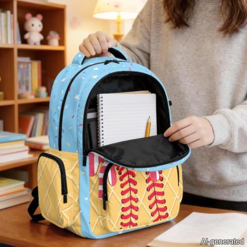 Suobstales Baseball Ice Cream Star Drip Print Backpack for Kids Girls Boys, Large Capacity School Backpack Bookbag Lightweight Casual Daypack with Adjustable Shoulder Strap for Travel Hiking School - color: Baseball Ice Cream Star Drip