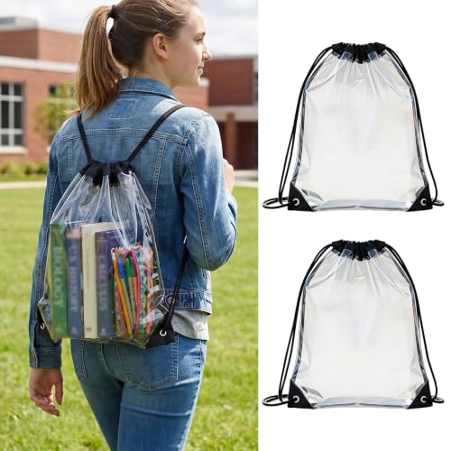 2 Pack Clear Drawstring Backpack, 12×12×6 Inch Stadium Approved Transparent Drawstring Bag, Waterproof See Through String Bag