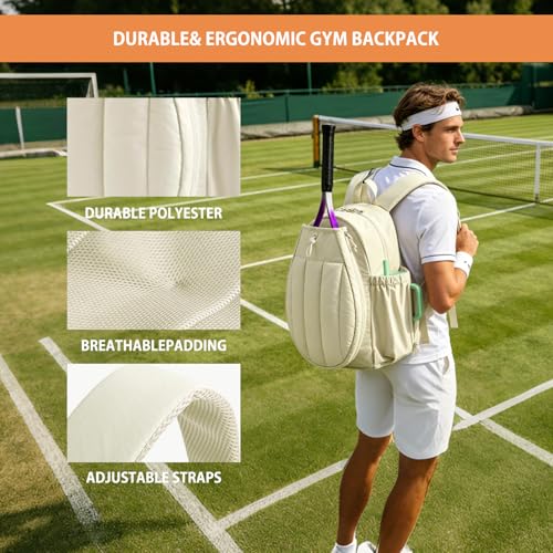 BeGyoku Tennis Backpack,Tennis Bag with Shoe Compartment&Waterproof Pocket&Fence Hook,Tennis Racket Bag Holds 2 Rackets,Large Tennis Bags for Women Men,Gym Sports Bag for Teennis Pickleball Badminton - color: Beige